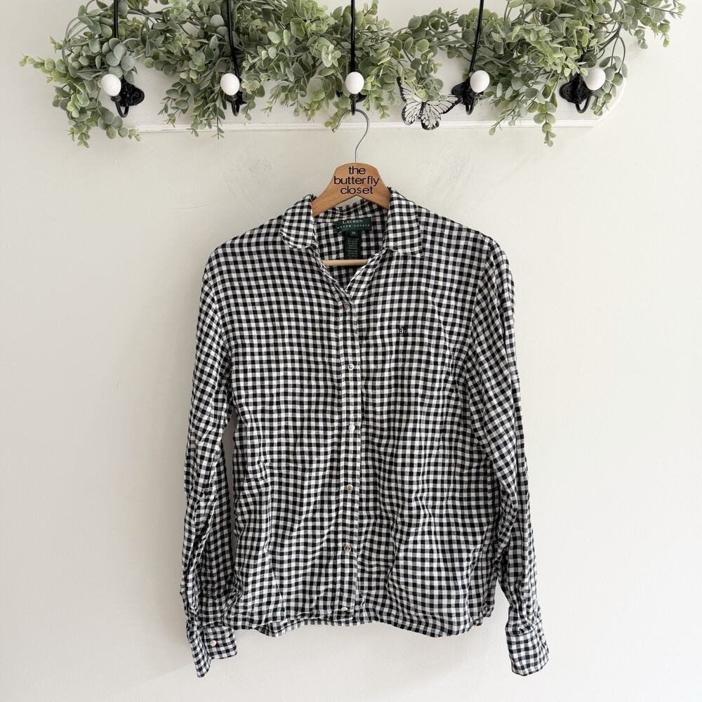 Ralph Lauren Vintage 100% Linen Gingham Snap Down Shirt Monogram Medium jj5827